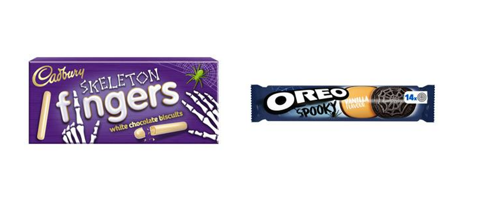 Seasonal versions of Cadbury white chocolate biscuts called "skeleton fingers" and 'Spooky' Oreo biscuits