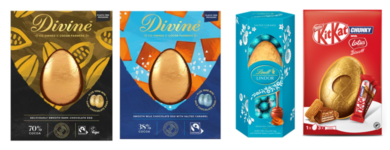 Novelty Eggs packaging designs that utilize a revel window and gold-foiled candy eggs.
