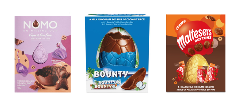 Novelty Egg candy packaging from NOMO, Bounty, and Maltesers