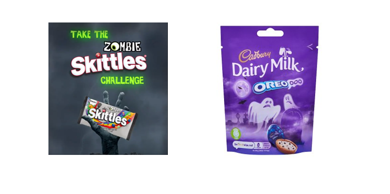Advertisment promoting the Zombie Skittles Challenge and the package of Cadbury Dairy Milk Oreo candies